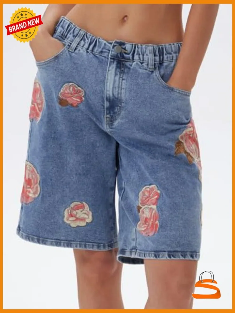 Bermuda Jean Shorts Mid Rise Baggy Stretchy Embroidered Jorts with Pockets